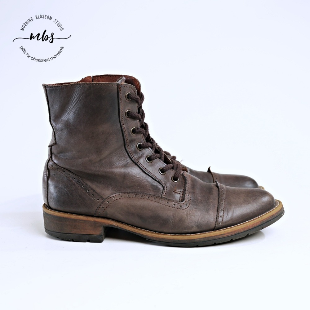 Steve Madden Nathen Lace Up Leather Cap Toe Brogue Combat Boots Brown Men 10D